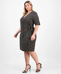 Connected Plus Elbow-Sleeve Wrap Side-Tie Jersey Dress