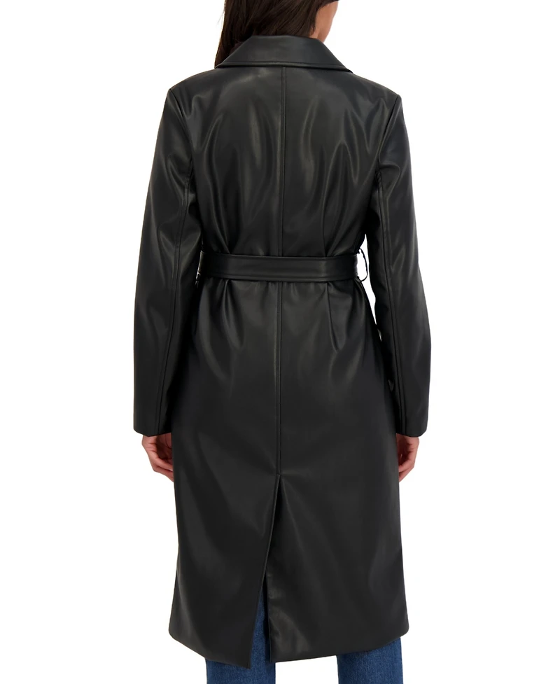 Sebby Collection Women's Belted Snap Front Faux Leather Long Trench Coat