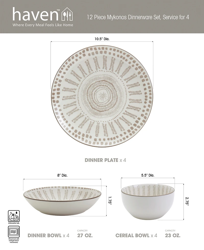 Haven Taupe Mykonos 12 Pc. Dinnerware Set, Service for 4