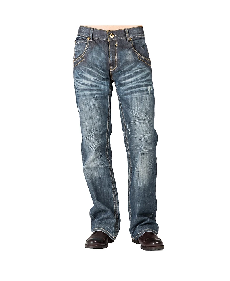 Level 7 Men's Relaxed Bootcut Denim Distressed Jeans with Zipper Pocket