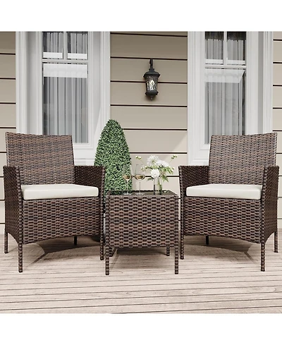 gaomon 3 Pieces Brown/Beige Rattan Patio Furniture Set with Upholstered Chairs & Coffee Table for Garden, Backyard & Porch