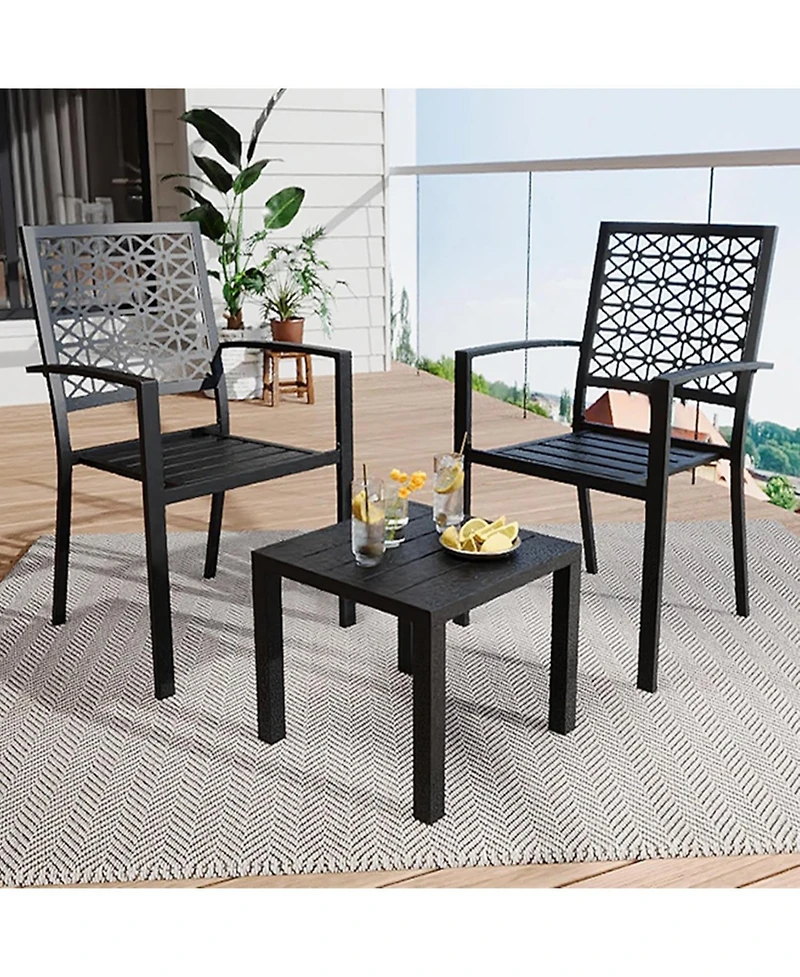 gaomon 3 Pcs Black Patio Bistro Set, Outdoor Stackable Steel Chairs & Square Coffee Table for Balcony, Porch, Garden, Lawn