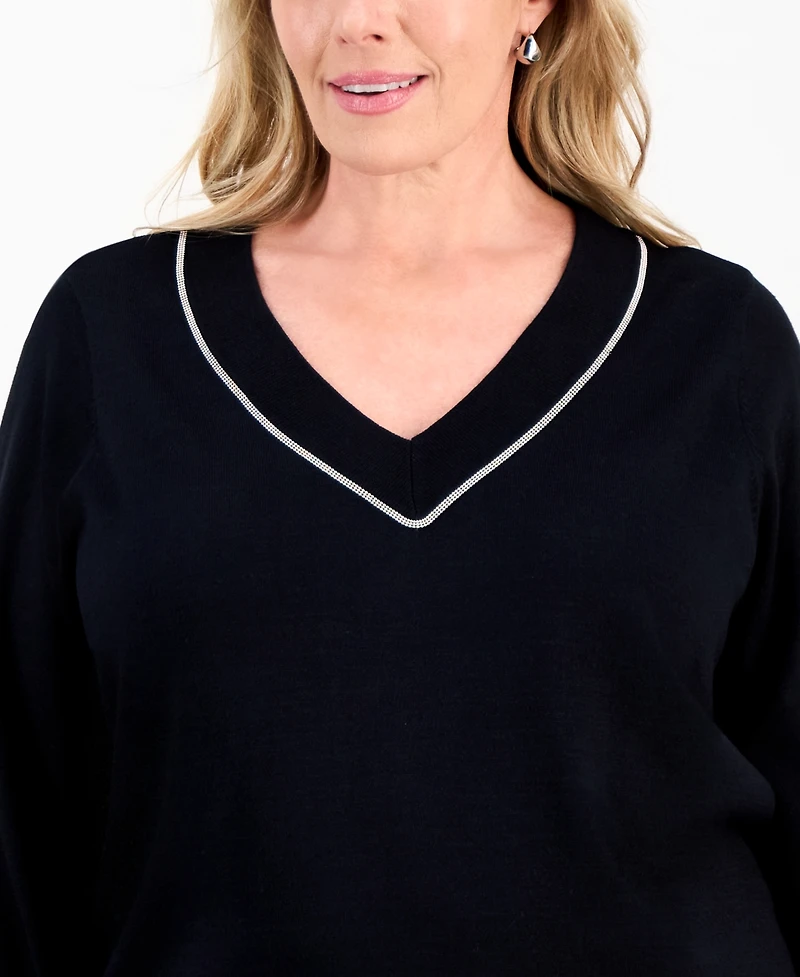 Jm Collection Plus Embellished V-Neck Sweater, Macy's Exclusive