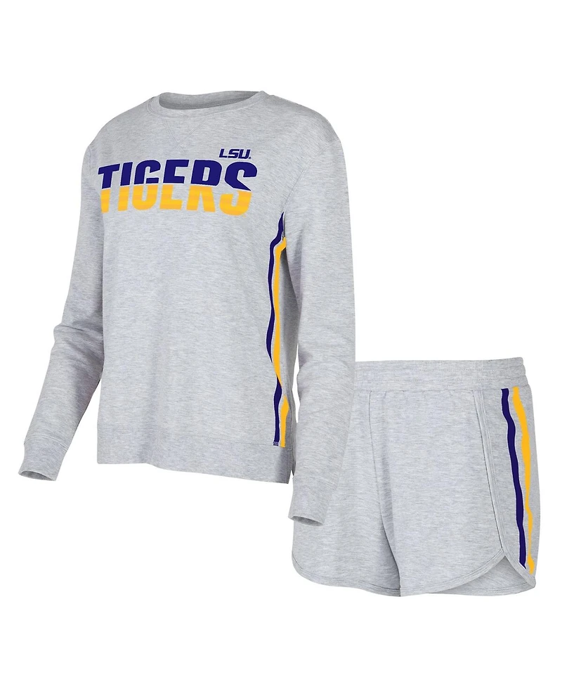 Concepts Sport Women's Gray Lsu Tigers Cedar Tri-Blend Long Sleeve Top and Shorts Sleep Set