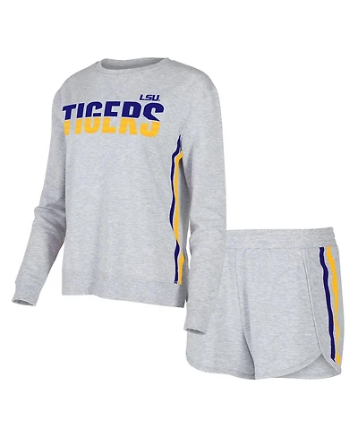 Concepts Sport Women's Gray Lsu Tigers Cedar Tri-Blend Long Sleeve Top and Shorts Sleep Set