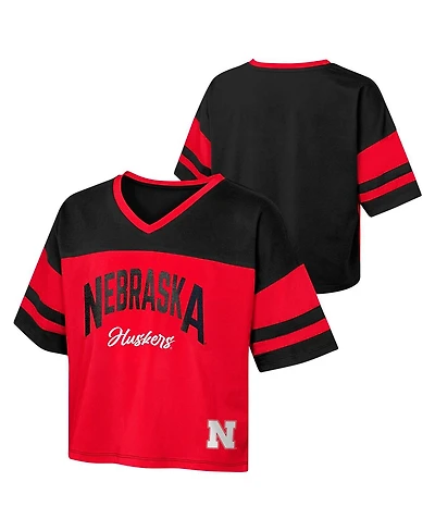 Outerstuff Big Girls Scarlet Nebraska Huskers The Playmaker Sleeve Stripe V-Neck Jersey T-Shirt