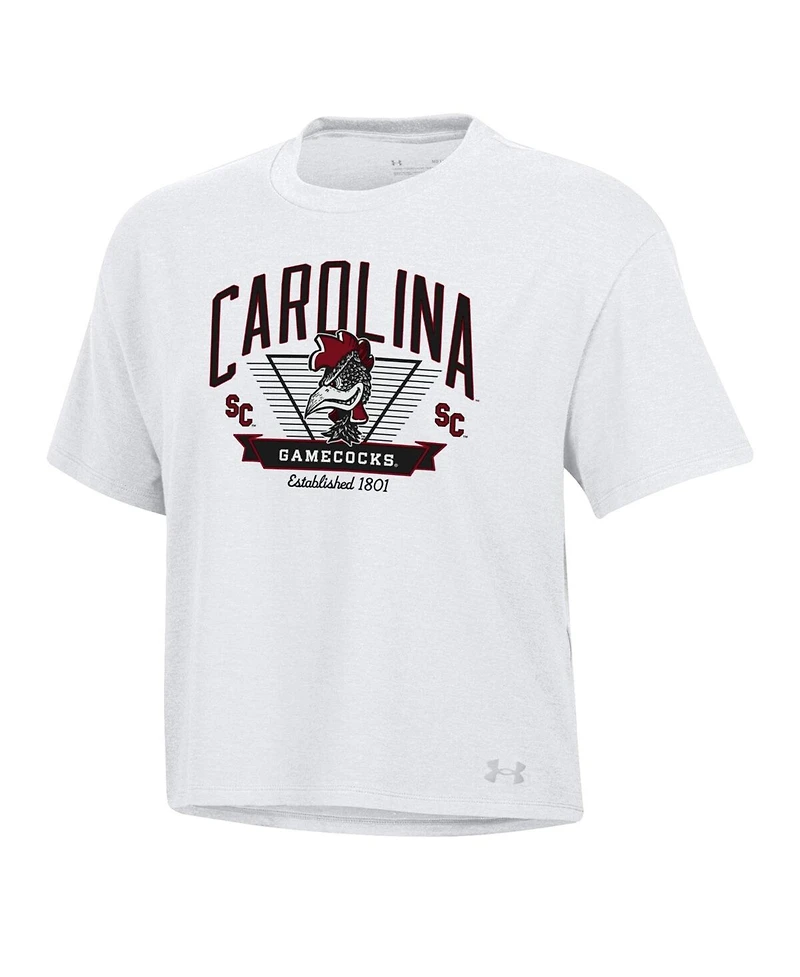 Under Armour Women's White South Carolina Gamecocks Essentials Icon Ultra-Soft Tri-Blend Boxy Cropped T-Shirt