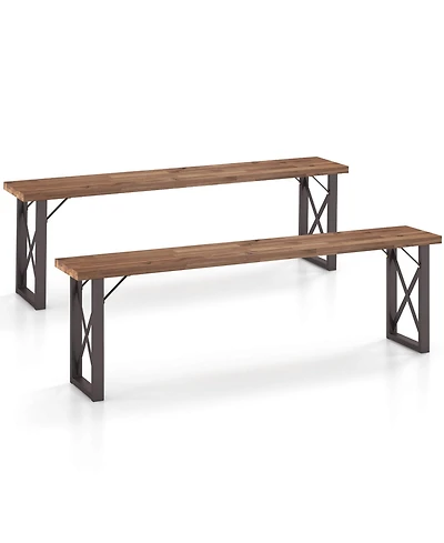 Gymax 59'' Outdoor Acacia Wood Benches Set of 2 for 2-3 Person w/ Metal Support