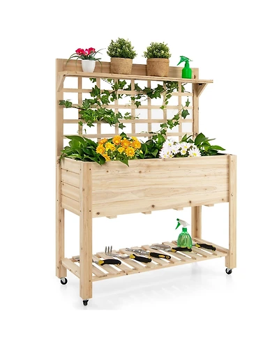 Gymax Raised Garden Bed Mobile Elevated Wooden Planter Box w/ Wheels Trellis Shelf