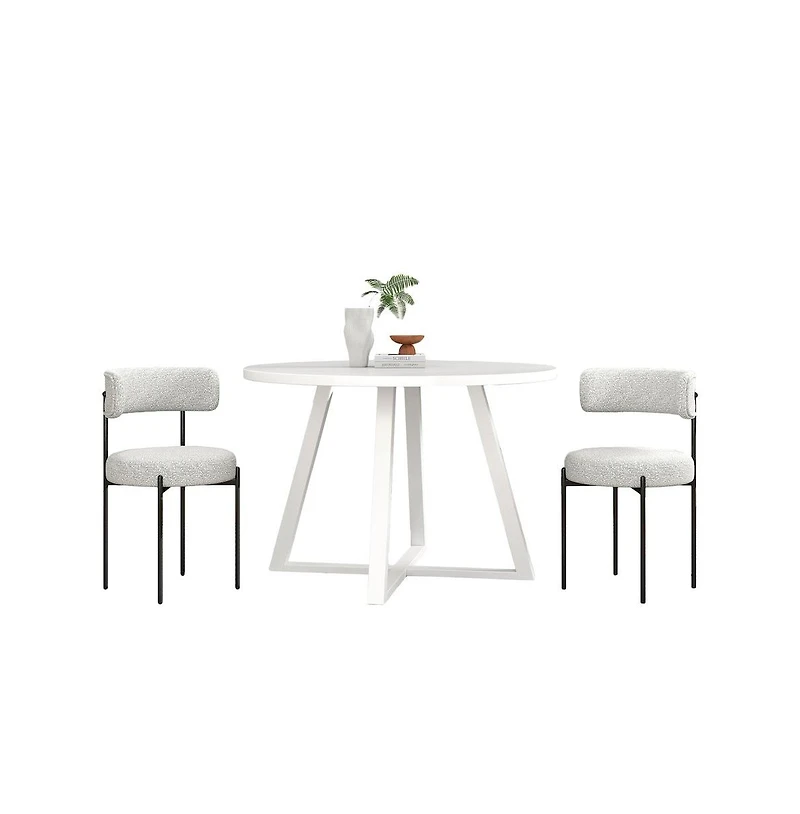 Roundhill Furniture Durban 3-Pc Round Dining Set, Trestle Dining Table with 2 Boucle Chairs