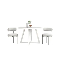 Roundhill Furniture Durban 3-Pc Round Dining Set, Trestle Dining Table with 2 Boucle Chairs