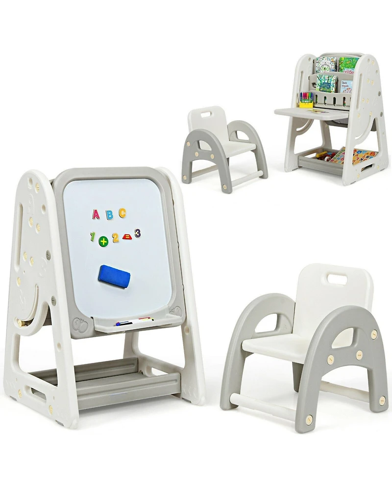 Akiudex 2-in-1 Kids Art Easel with Desk and Chair Adjustable Height and Storage