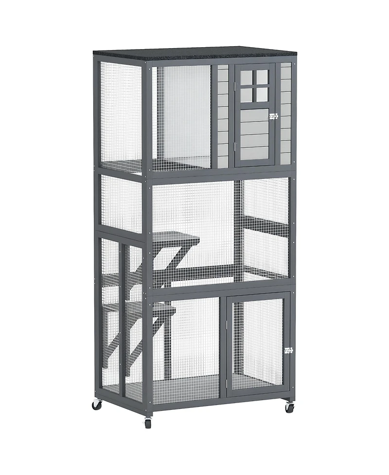 PawHut 74" Wooden Outdoor Cat House Catio Outdoor Cat Enclosure, Dark