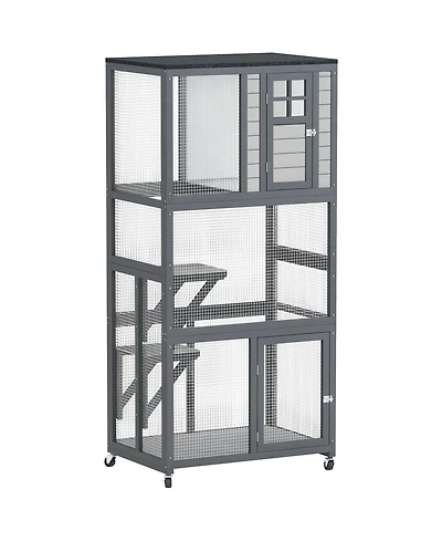 PawHut 74" Wooden Outdoor Cat House Catio Outdoor Cat Enclosure, Dark