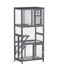 PawHut 74" Wooden Outdoor Cat House Catio Outdoor Cat Enclosure, Dark