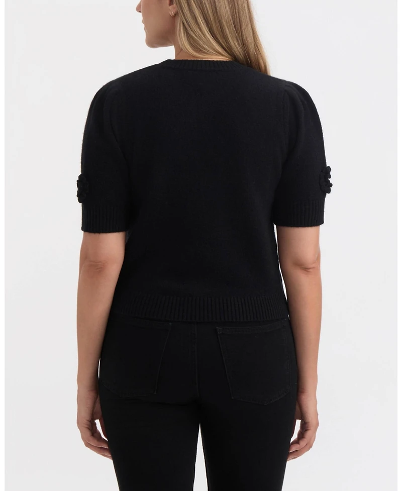 Ellen Tracy Women's Short Sleeve Sweater with Crochet Flowers