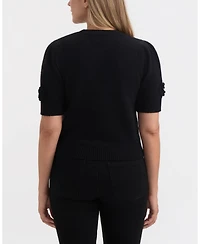 Ellen Tracy Women's Short Sleeve Sweater with Crochet Flowers