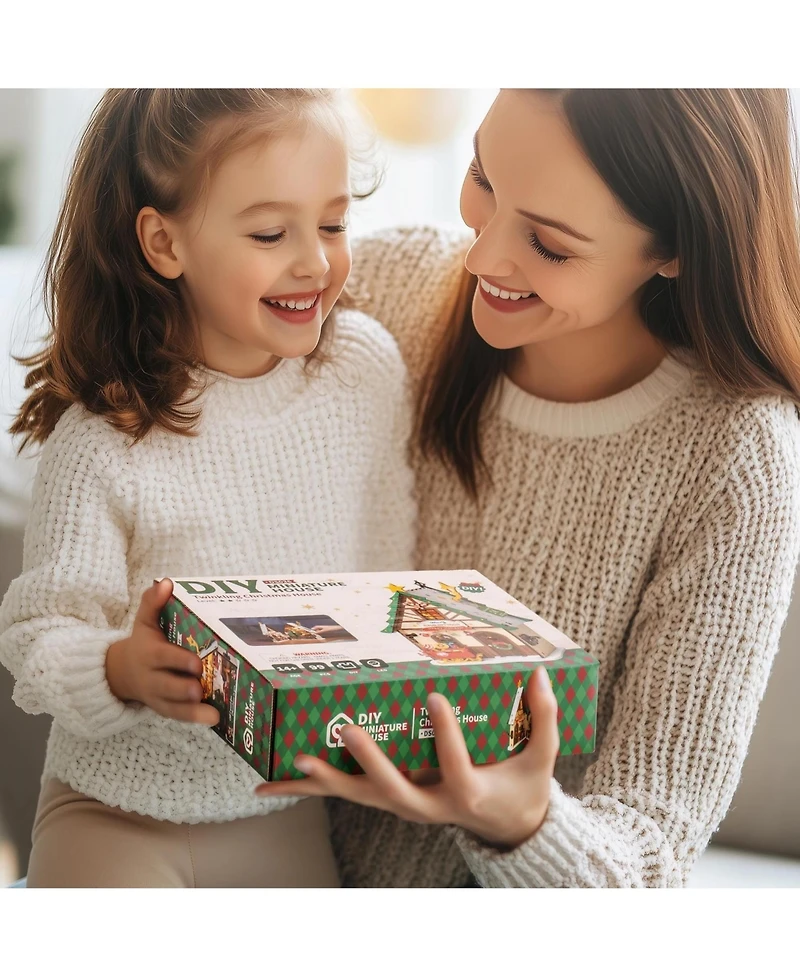 Robotime 3D Puzzles Miniature Dollhouse Kits for Adults,Mini House Toy Building Kit, Twinkling Christmas House, Multicolor, 9.06"7.56"2.17