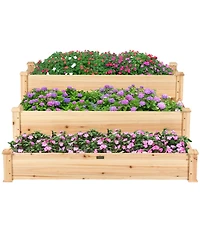Gymax Outdoor Garden 3 Tier Wooden Elevated Raised Vegetable Planter Gardening Kit