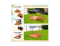 Akiudex 3-in-1 Kids Wooden Sandbox with Bench, Table, Bins and Adjustable Canopy