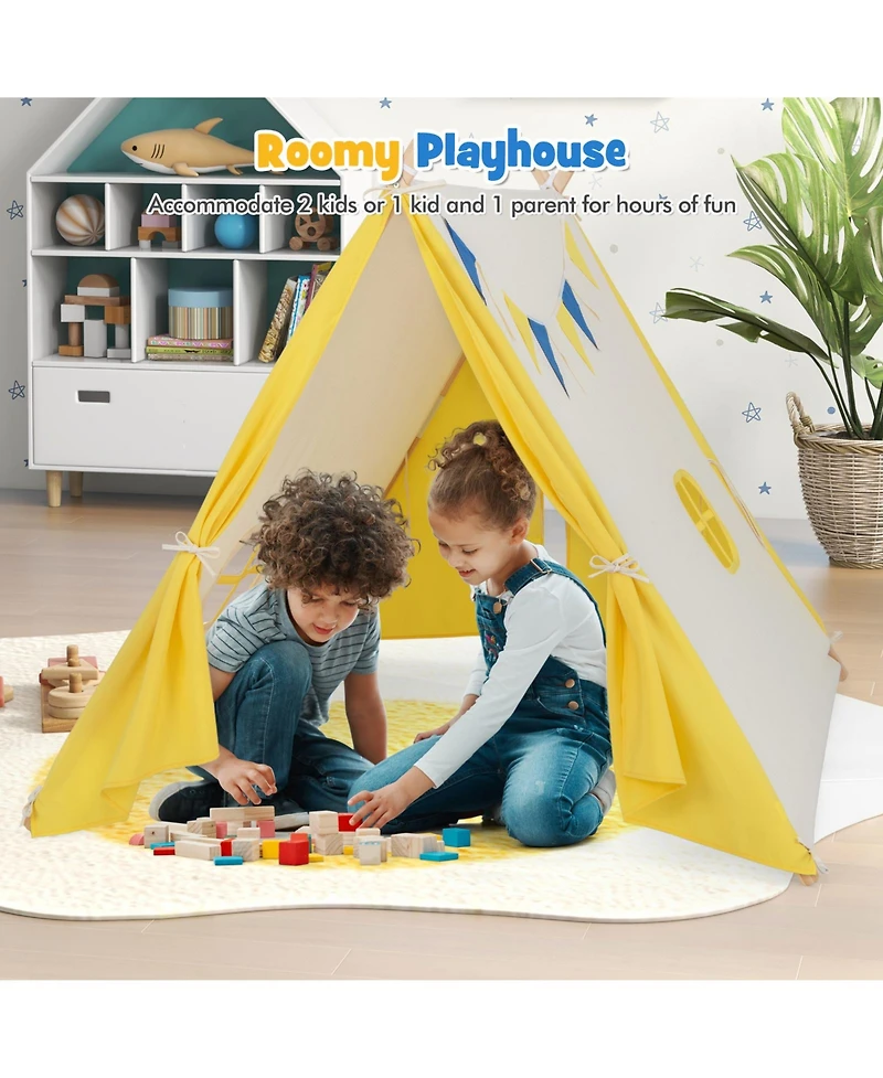 Akiudex Kids Indoor Outdoor Triangular Play Tent with Windows and Hanging Flags, Easy Setup