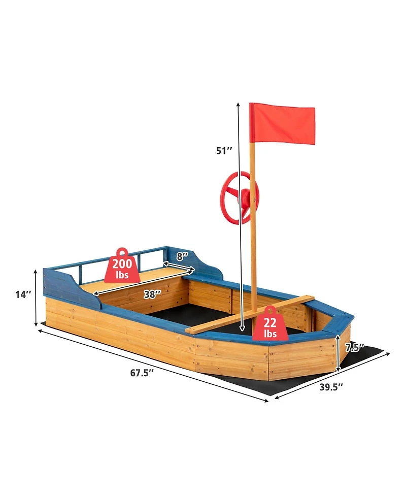 Akiudex Wooden Pirate Ship Sandbox with Bench and Liner for Kids Outdoor Play