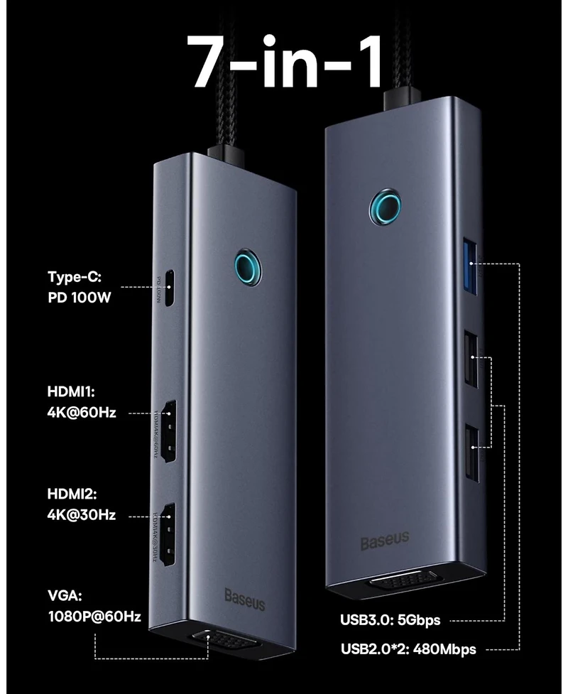 Docking Station Dual Monitor, Baseus 7 in 1 Laptop Docking Station 3 Monitors, Usb C Hub with 4K Hdmi, Vga, 100W Pd, 3 Usb