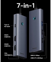 Docking Station Dual Monitor, Baseus 7 in 1 Laptop Docking Station 3 Monitors, Usb C Hub with 4K Hdmi, Vga, 100W Pd, 3 Usb