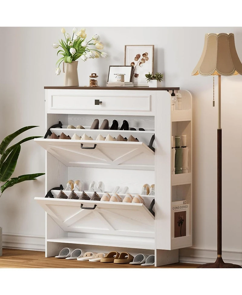 Ironck Shoe Storage Cabinet with 2 Flip Drawers and Barn Door, White/Walnut