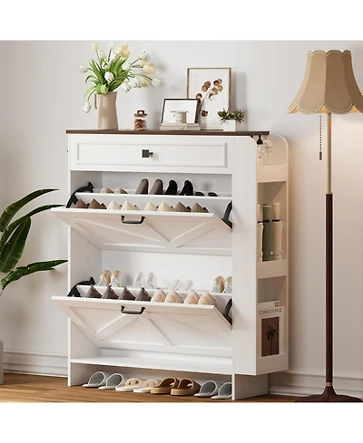 Ironck Shoe Storage Cabinet with 2 Flip Drawers and Barn Door, White/Walnut