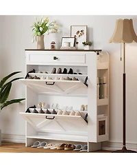 Ironck Shoe Storage Cabinet with 2 Flip Drawers and Barn Door, White/Walnut