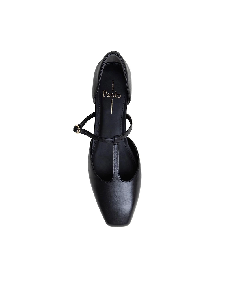 Coralee | Two Piece T-Strap Low Heel Leather Pumps