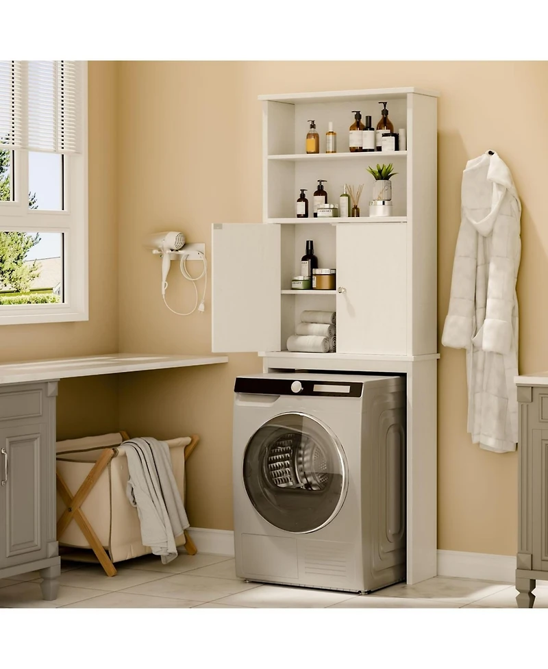 Vanirror Over-Bathroom Storage Cabinet with Double Doors & Adjustable Shelf - White Freestanding Bathroom Organizer with Open Shelf