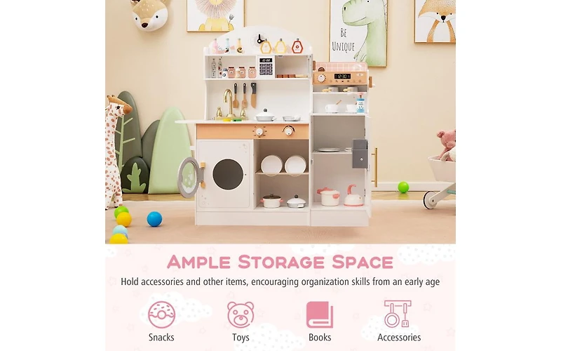 Akiudex Kids Wooden Kitchen Set with Drink Station and Accessories