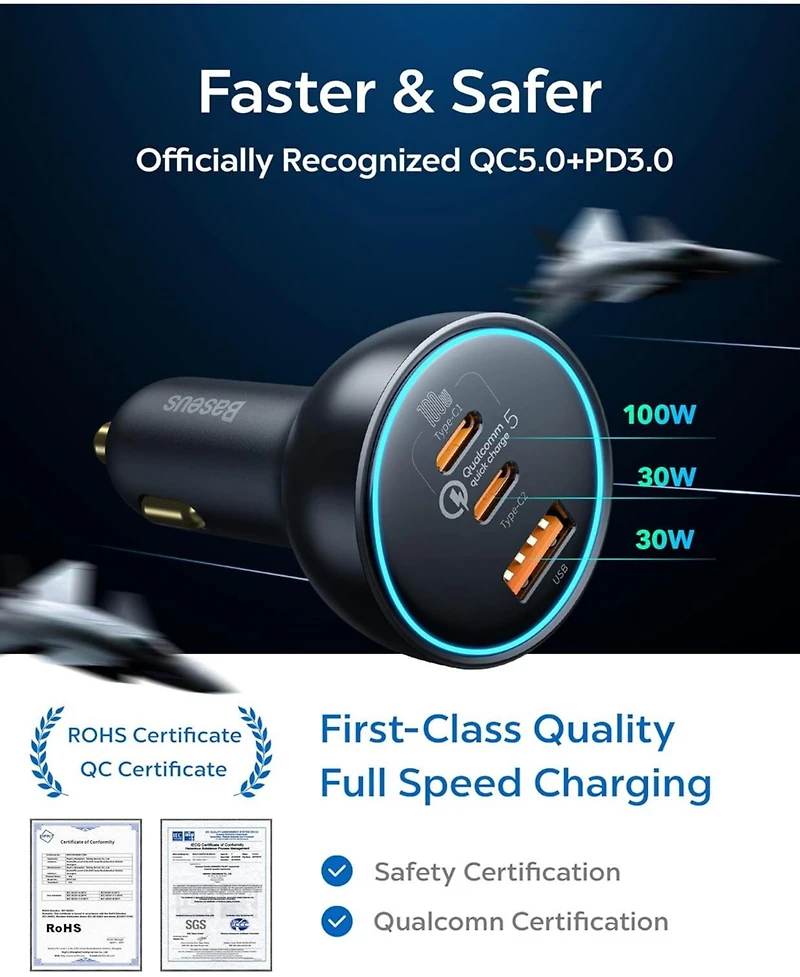 Baseus 160W Usb C Car Charger, Baseus Type C Car Charger, QC5.0 PD3.0 Pps 3 Ports Super Fast Charging Car Phone Charger Adapter