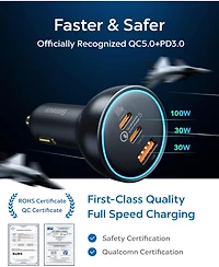 Baseus 160W Usb C Car Charger, Baseus Type C Car Charger, QC5.0 PD3.0 Pps 3 Ports Super Fast Charging Car Phone Charger Adapter
