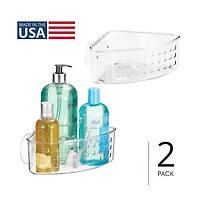 iDesign Plastic Suction Corner Shower Basket, Set of 2, Clear, Made in Usa