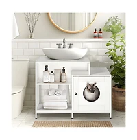 Aostirmotor White Cat Litter Box Enclosure Hidden Litter Washroom with Divider Indoor Large Cats
