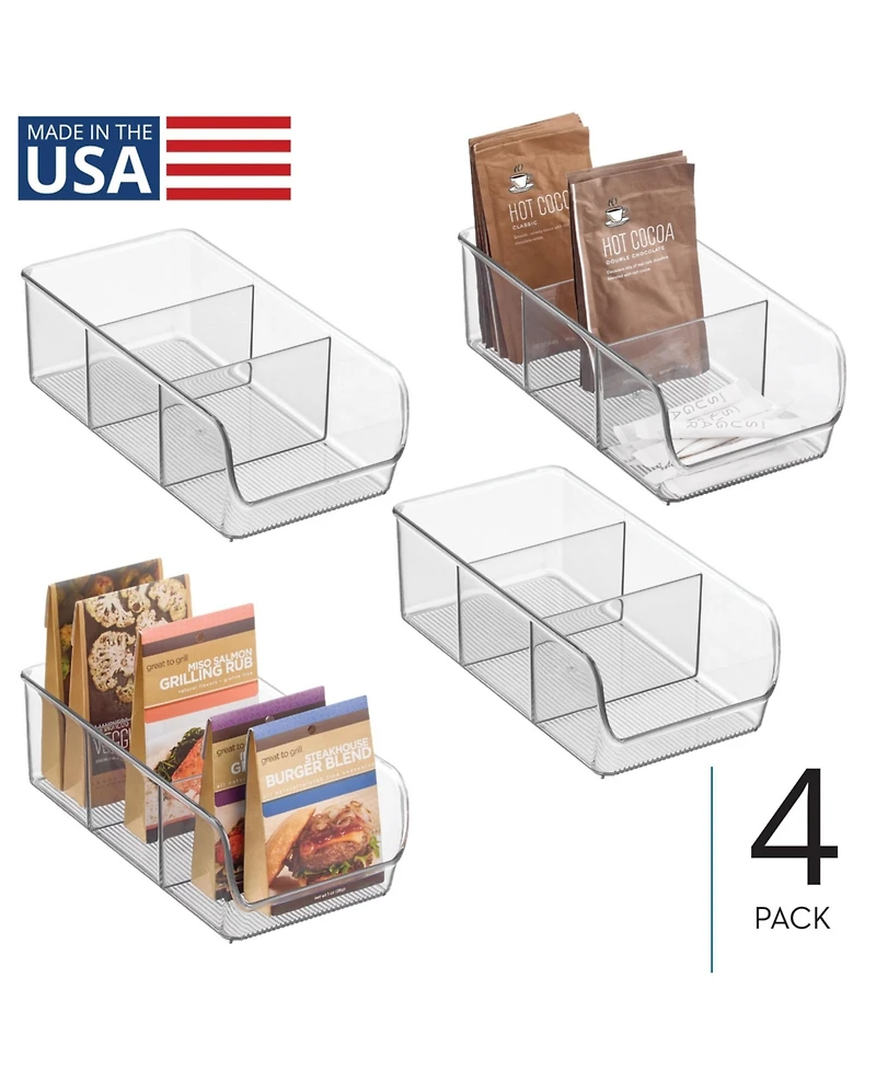 iDesign Stackable 3-Section Storage Bin for Pantry, Set of 4, Clear, Made in Usa