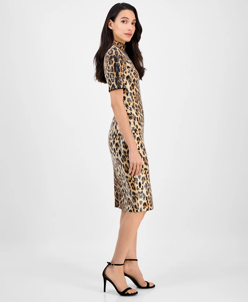 Anne Klein Women's Sequined Animal-Print Short-Sleeve Bodycon Dress