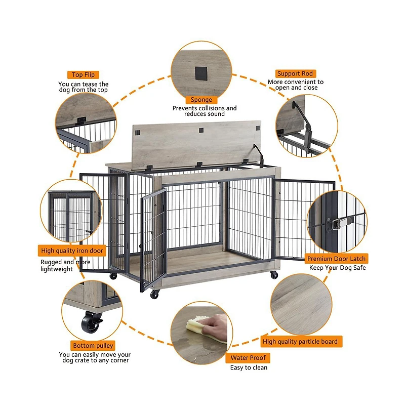 Aostirmotor Grey Dog Crate Side Table with Wheels Double Doors and Lift Top