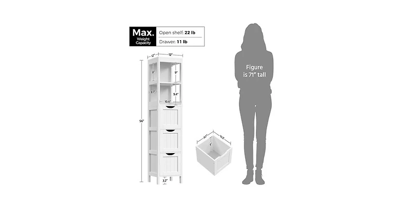 SlickblueBathroom Cabinet Tower with 3 Drawers and 2 Shelves in Wood Finish for Storage