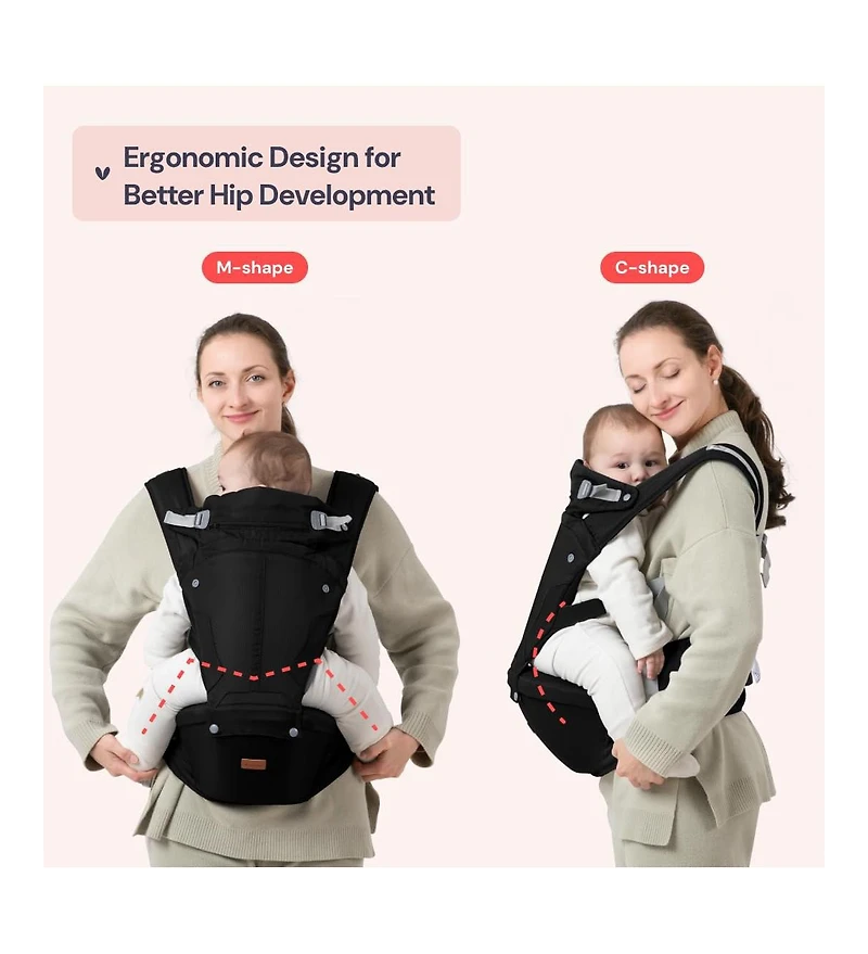 BabbleRoo Kids Carrier 6 1 with Hip Seat, Comfy & Adjustable Kangaroo Rose