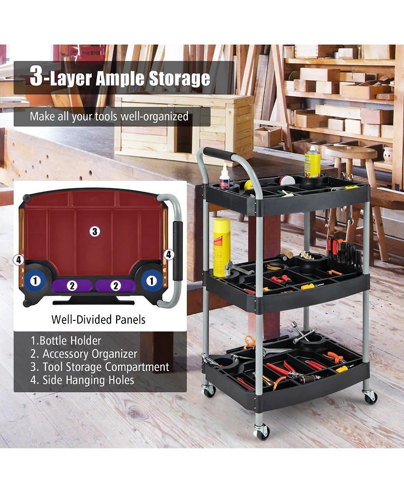 Akiudex 3 layer detailing tool utility cart tool organizer mobile rolling cart with multiple divider