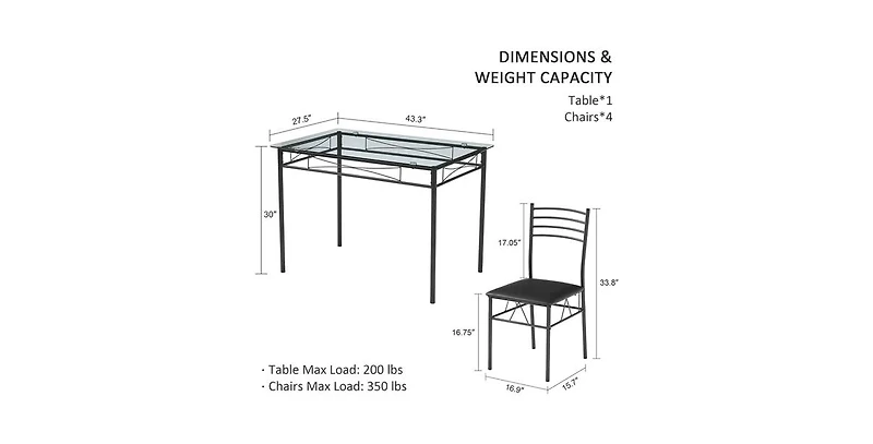 Slickblue Rectangular Glass Dining Table with 4 Chairs, Contemporary 5-Piece Set