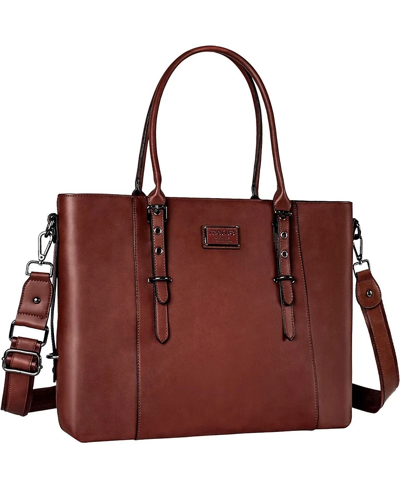 Mosiso Brown Pu Leather Laptop Tote Bag for Women - 17-17.3 Inch Waterproof Business Briefcase, Large Capacity Shoulder Bag for Work & Laptop