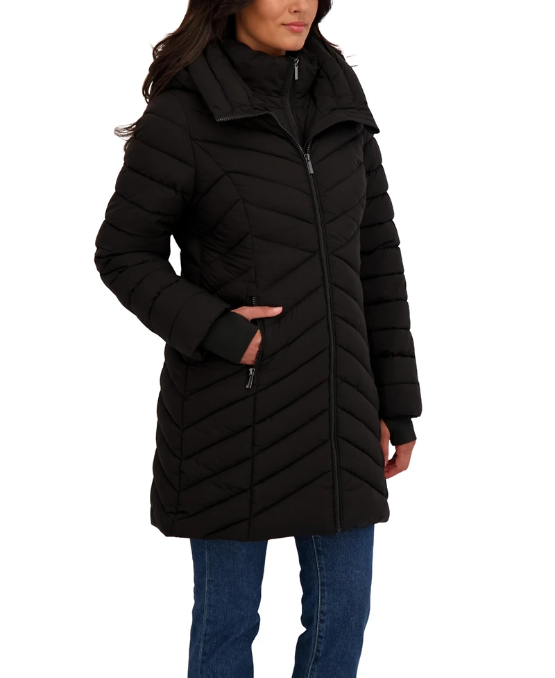 Sebby Collection Women's 3/4 Hooded Stretch Puffer with Bib