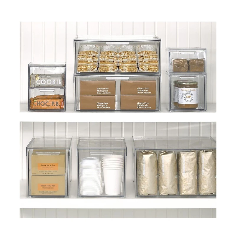 mDesign Stacking Plastic Storage Kitchen Bin - 2 Pull-Out Drawers, 4 Pack, Clear