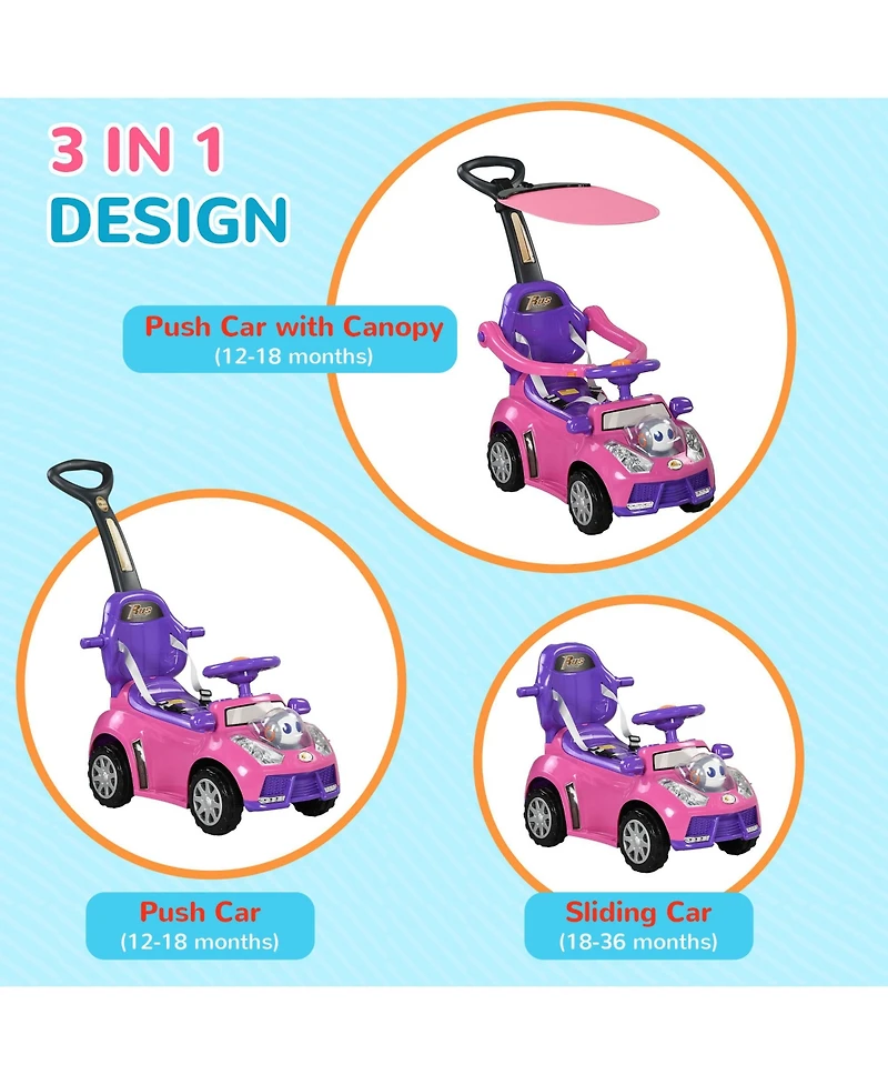 Qaba 3 in 1 Push Car, Sliding Car with Removable Handle, Music, Horn,