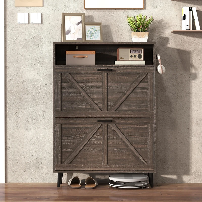 Casainc Storage Cabinet with Barn Door and 2 Flip Drawers, Freestanding Narrow Shoe Rack Hooks